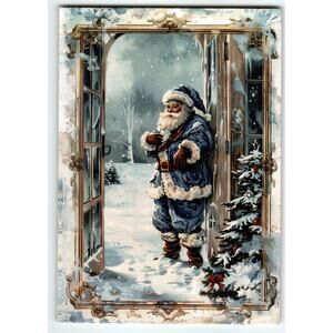Vintage Blue Coat Santa Claus Christmas Lithograph Postcard 5.5x4"